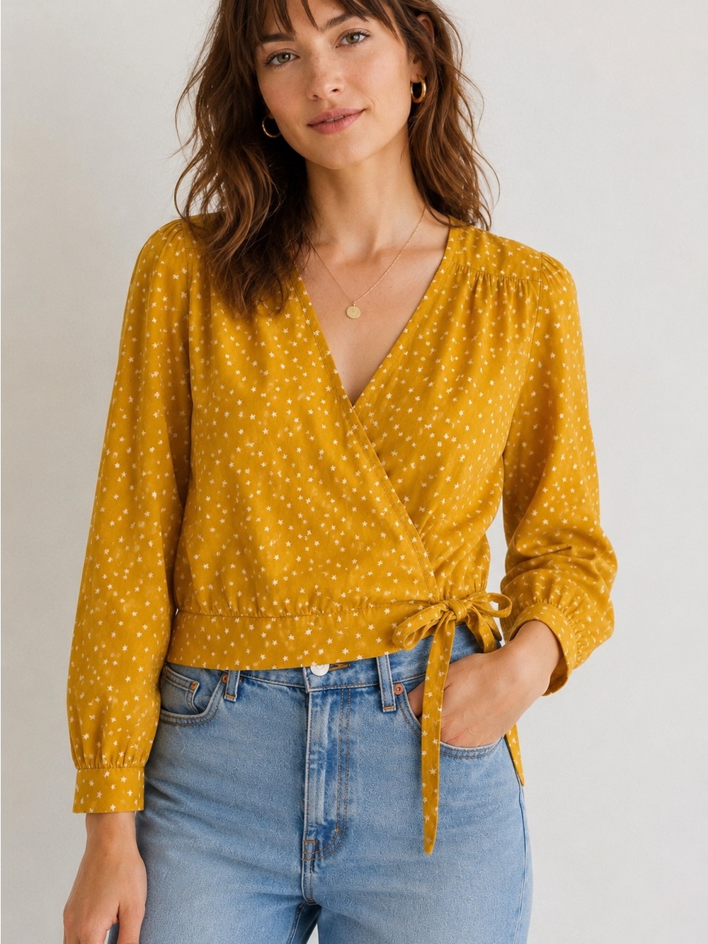 Madewell Star Scatter Wrap Top Yellow White Stars Size M 100% cotton